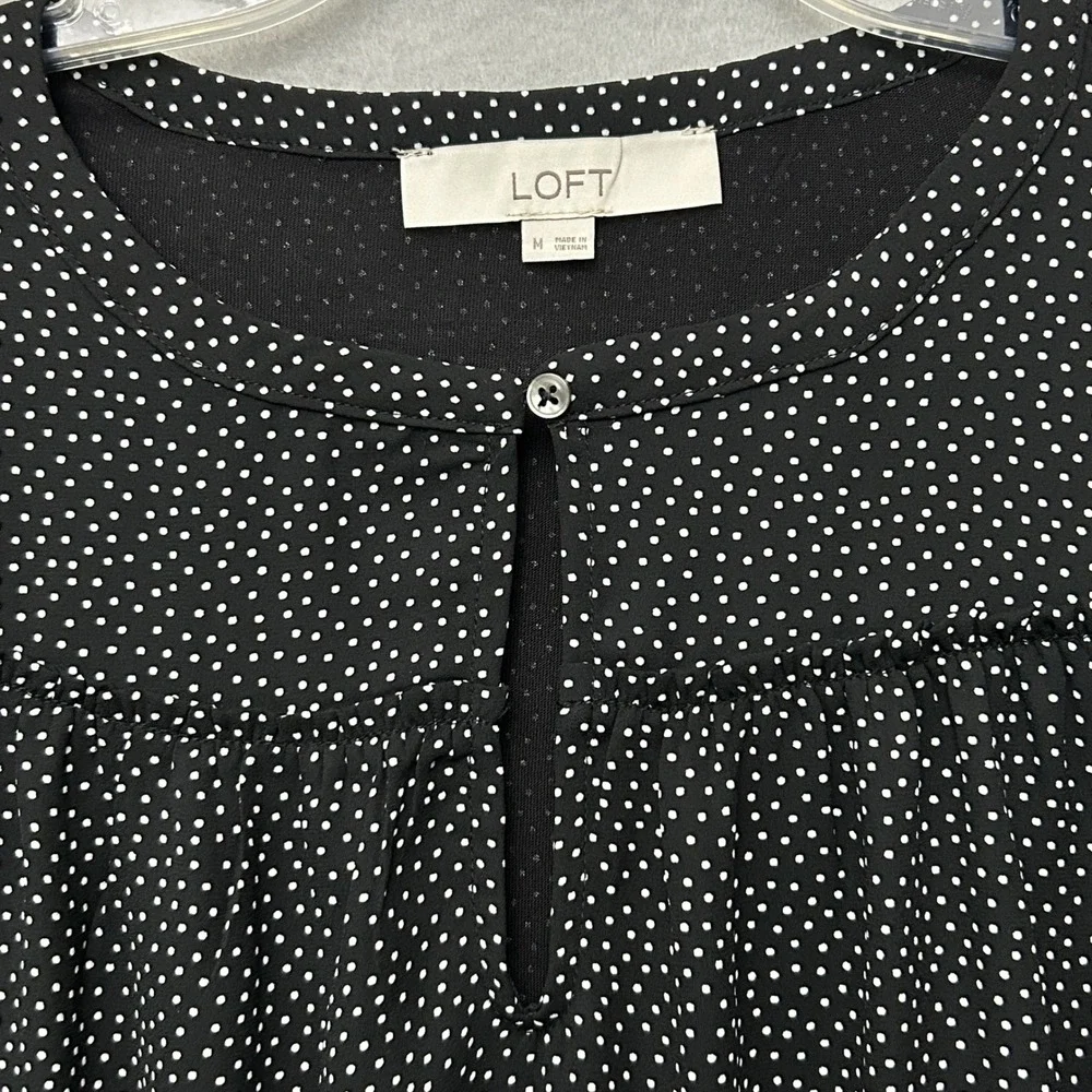 LOFT Black White Micro Polka Dot Blouse M Long Sleeve Business Casual Career - Picture 9 of 13
